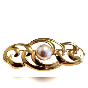 Vintage Signed Napier Swirled Gold Pin Brooch with Pearl Center - 2-1/2" long